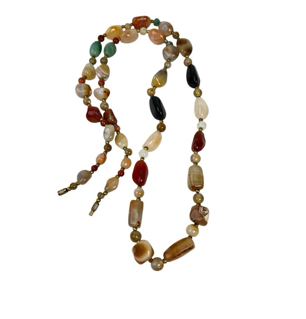 Vintage Beggars Beads Necklace Natural Stone Agate Boho 1960s Retro Barrel Clasp